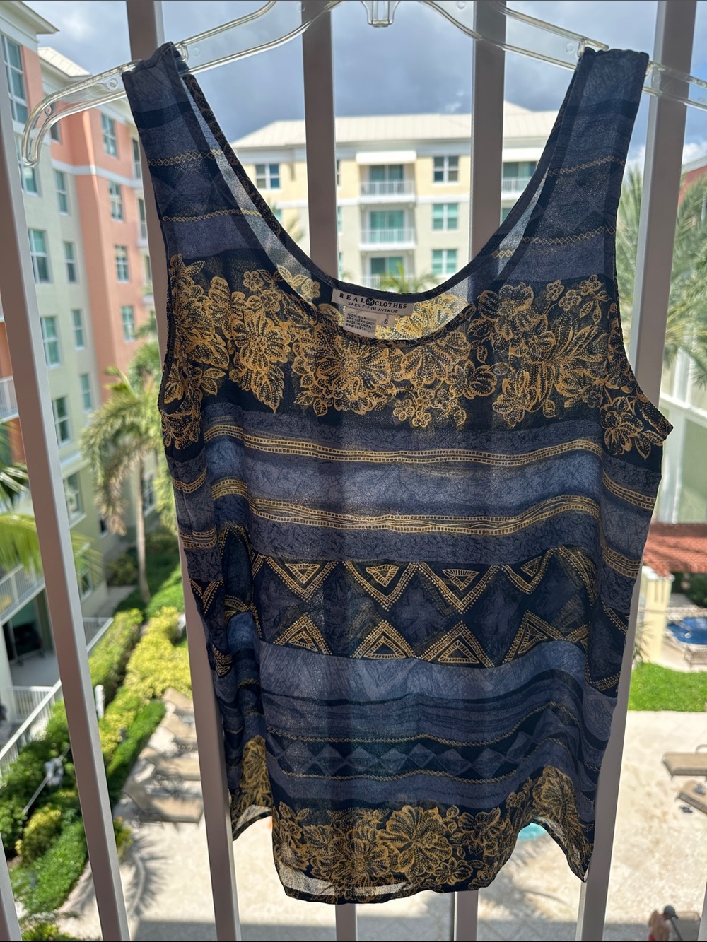 Saks Fifth Avenue Navy and Gold Floral-Stripe Sleeveless Camisole